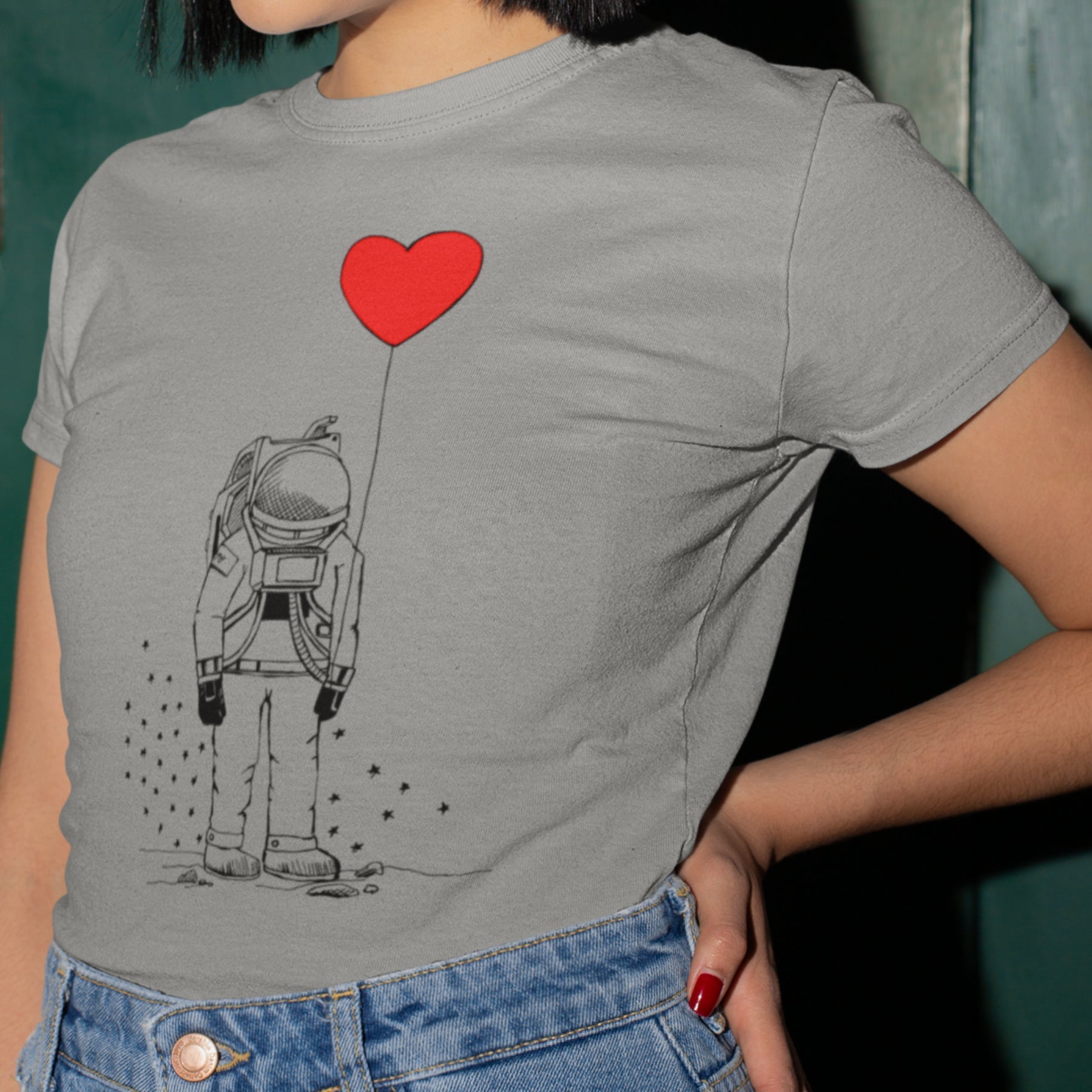 Grau meliertes T-Shirt Spaceman mit Herz