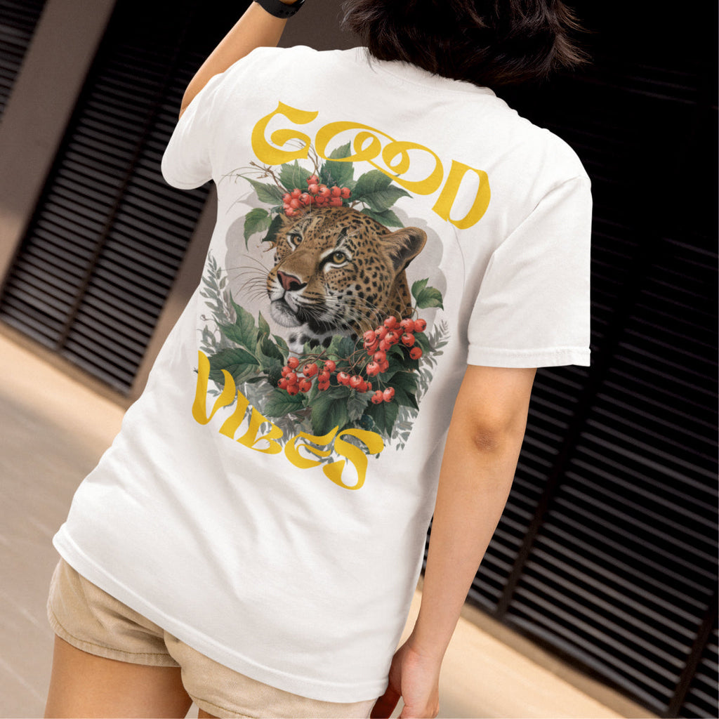 Weiße UNISEX T-Shirts mit Rückenaufdruck "Good Vibes"