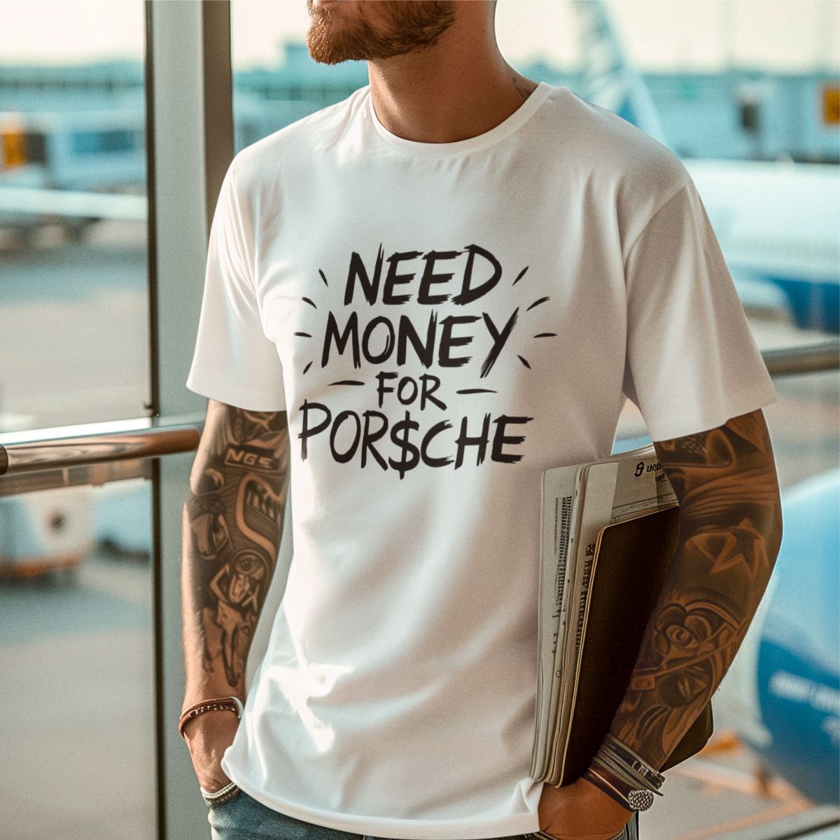 Weißes UNISEX T-Shirt "Need money for Porsche"