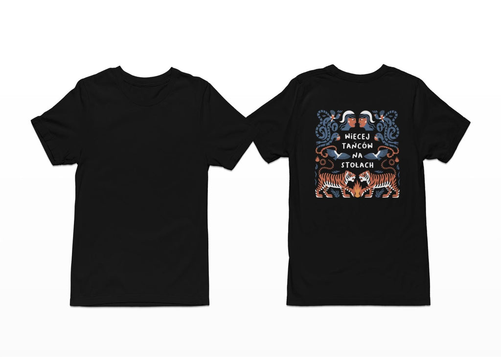 Schwarzes T-Shirt mit Rückenaufdruck "Mehr Tanzen auf den Tischen"