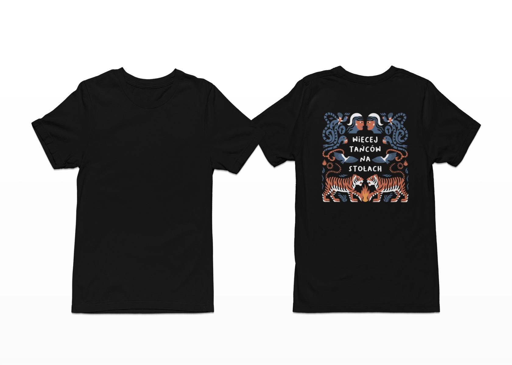 Schwarzes T-Shirt mit Rückenaufdruck "Mehr Tanzen auf den Tischen"