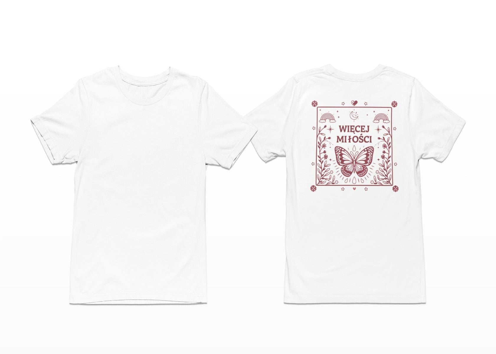 Weißes T-Shirt mit Rückenaufdruck "Mehr Liebe"