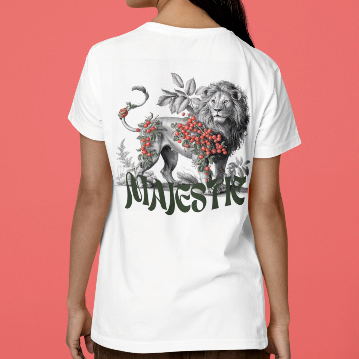 Weiße UNISEX T-Shirts mit Rückenaufdruck "Majestic"