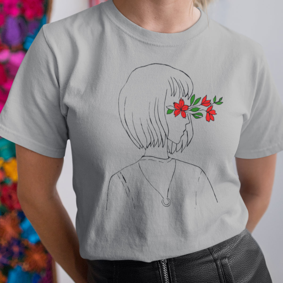 Grau meliertes T-Shirt Blumige Vision