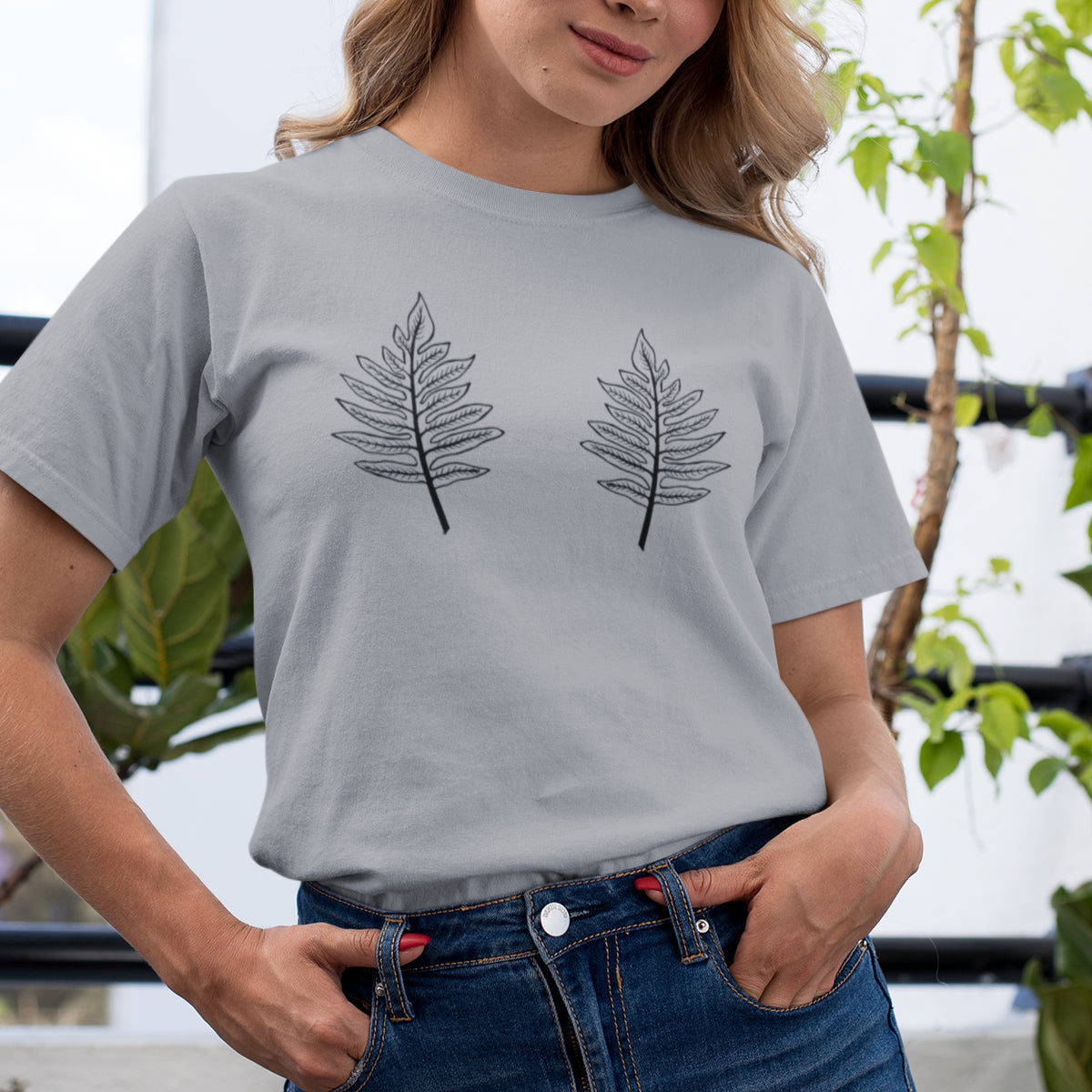 Grau meliertes T-Shirt „Zwei Blätter“